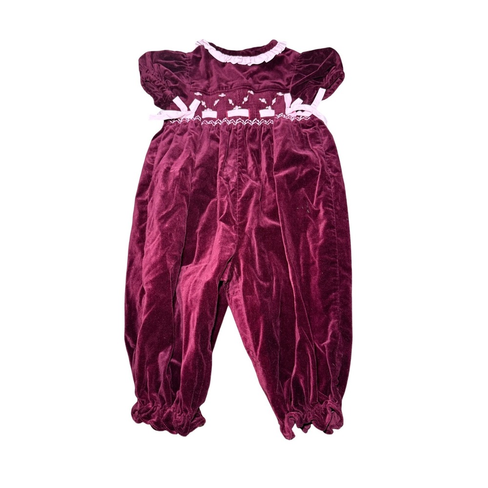 BT Kids Burgundy Vintage Velvet Smocked Baby Romper 12 Months‎ Buttons Holiday